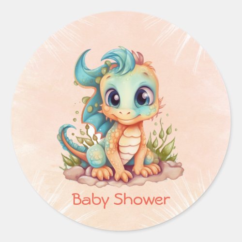 Adorable Little Dragon Fairytale Boy Baby Shower Classic Round Sticker