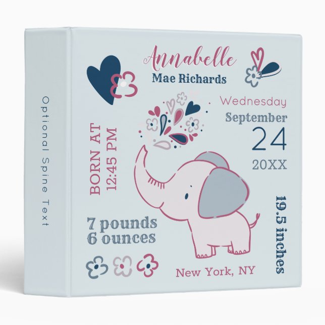 Adorable Little Elephant Baby Birth Stats Keepsake 3 Ring Binder (Front/Spine)