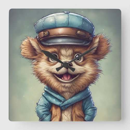 Adorable Little Fantasy Creature in Hat and Coat Square Wall Clock
