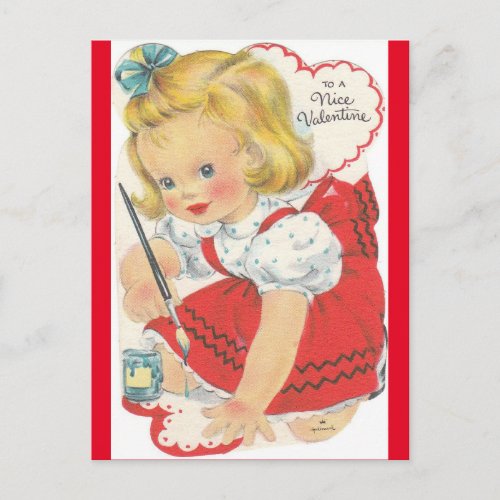 Adorable Little Girl Painting Valentine Postcard