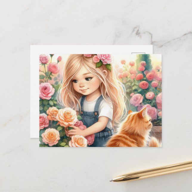 Adorable Little Girl Picking Roses with Ginger Cat Postcard (Front/Back In Situ)