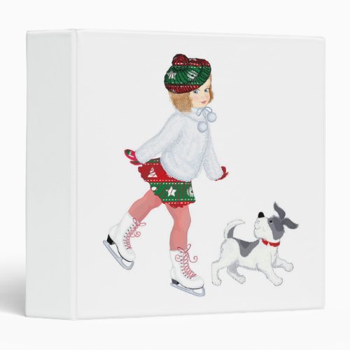 Adorable little girl skating on ice and Dog 3 Ring Binder