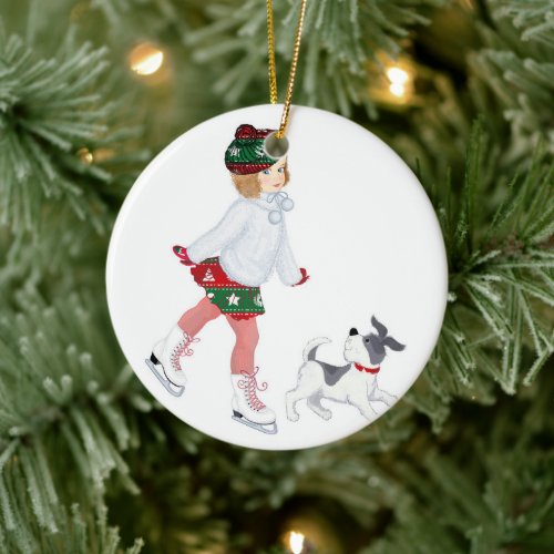 Adorable little girl skating on ice and Dog Ceramic Ornament