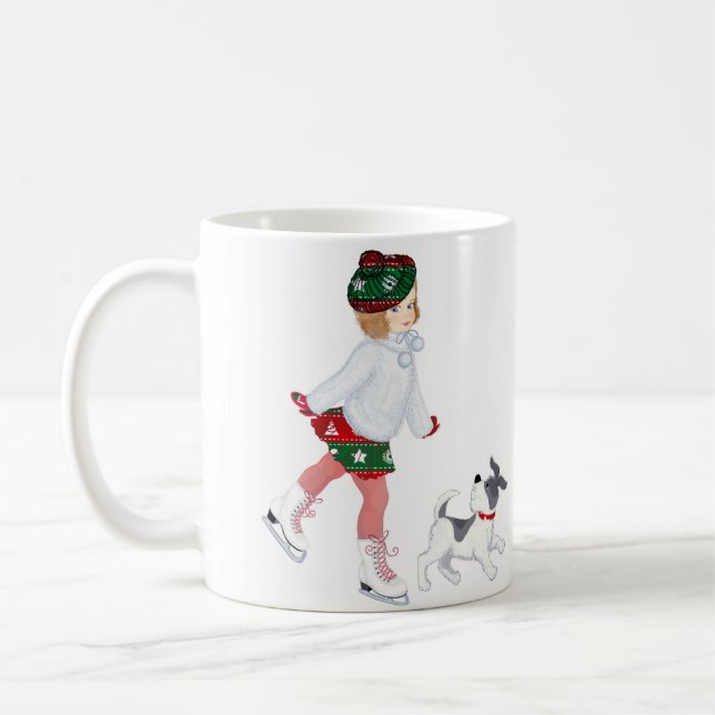 Adorable little girl skating on ice and Dog Coffee Mug (Left)