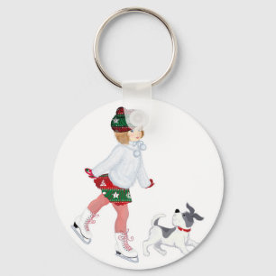 Adorable little girl skating on ice and Dog Keychain