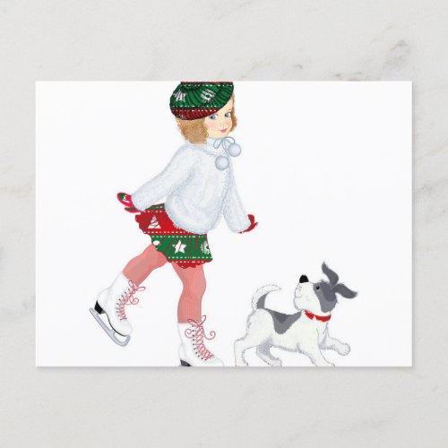 Adorable little girl skating on ice and Dog Postcard