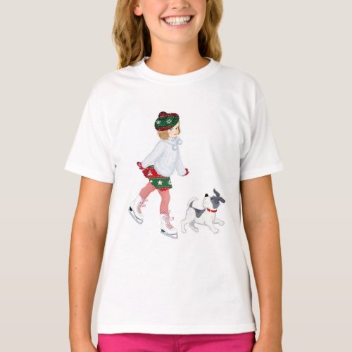Adorable little girl skating on ice and Dog T_Shirt