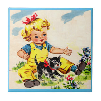 adorable little girl with adorable little kitten ceramic tile