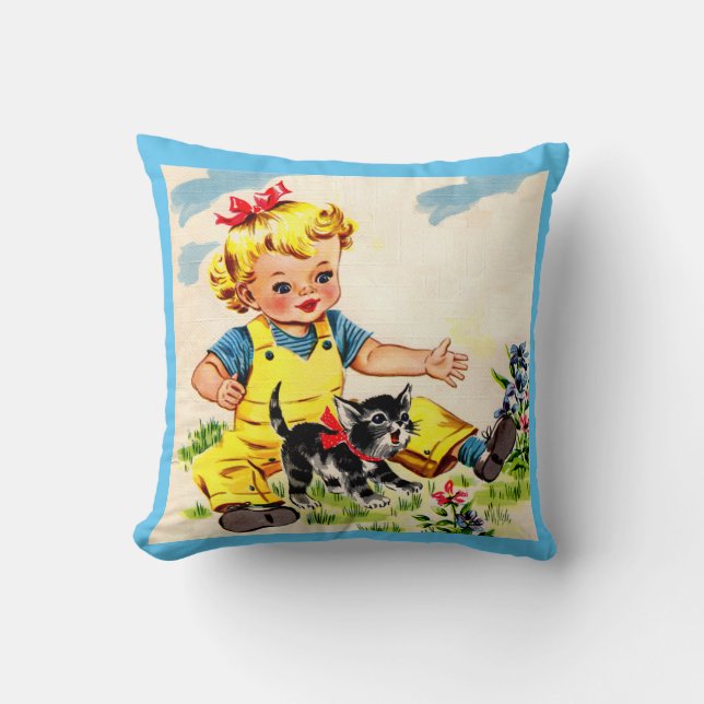 adorable little girl with adorable little kitten throw pillow (Front)