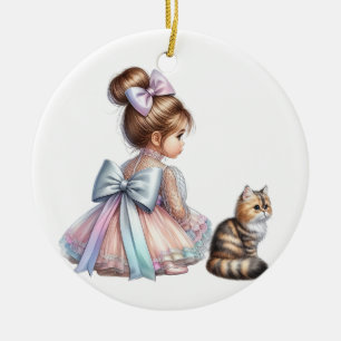 ADORABLE LITTLE GIRL WITH HER KITTEN CERAMIC ORNAMENT
