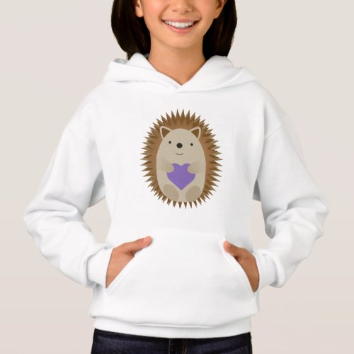 Adorable little hedgehog hugging a purple heart hoodie