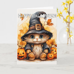 Adorable Little Kitten Cat Witch Happy Halloween Card