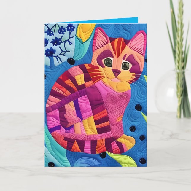 Adorable Little Kitten Quilt Like Design Thank You Card (Front)