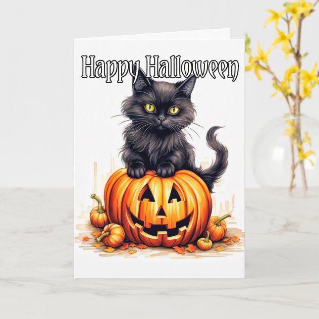 Adorable Little Kitty Cat Witch | Happy Halloween Card (Yellow Flower)