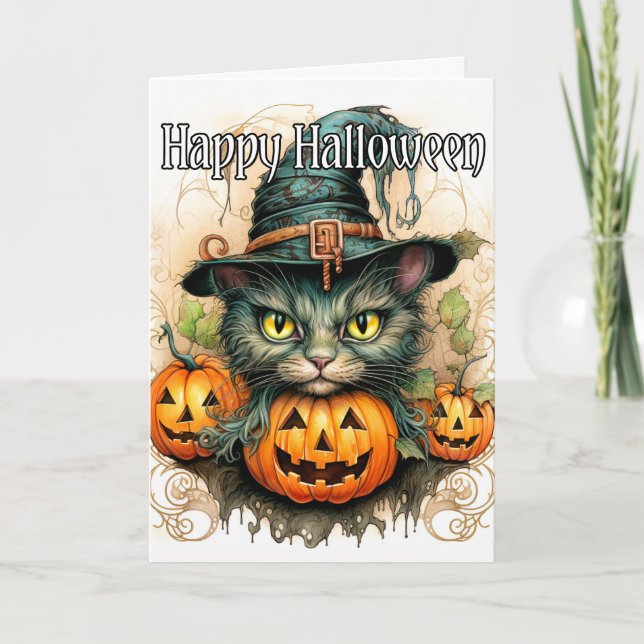 Adorable Little Kitty Cat Witch | Happy Halloween Card (Front)