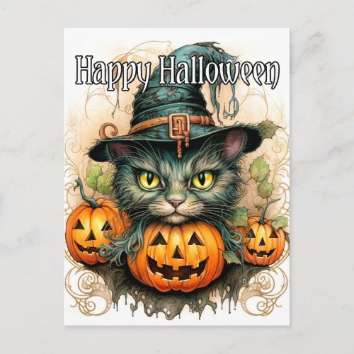 Adorable Little Kitty Cat Witch  Happy Halloween Postcard