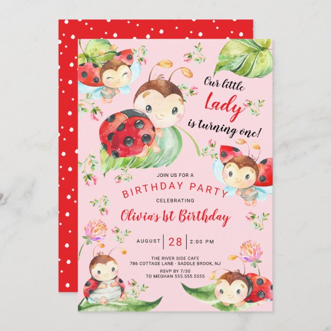 Adorable Little Lady Ladybug 1st Birthday Invitati Invitation (Front/Back)