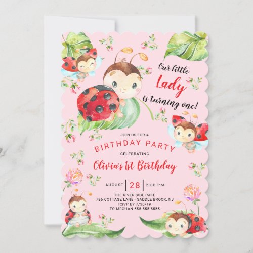 Adorable Little Lady Ladybug 1st Birthday Invitation