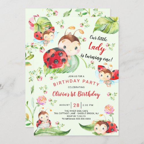 Adorable Little Lady Ladybug 1st Birthday Invitation