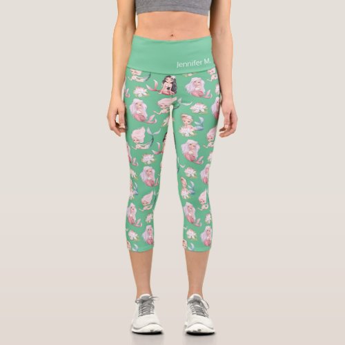 Adorable little mermaids and lotus on green custom capri leggings