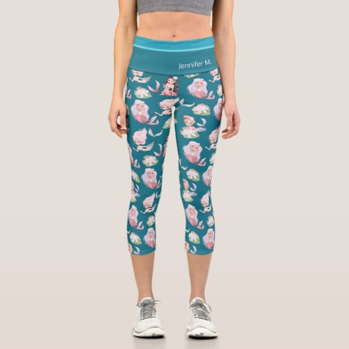 Adorable little mermaids and lotus on teal custom capri leggings