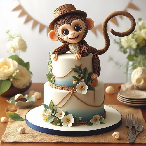 ADORABLE LITTLE MONKEY WITH HAT KIDS BIRTHDAY CAKE CARD