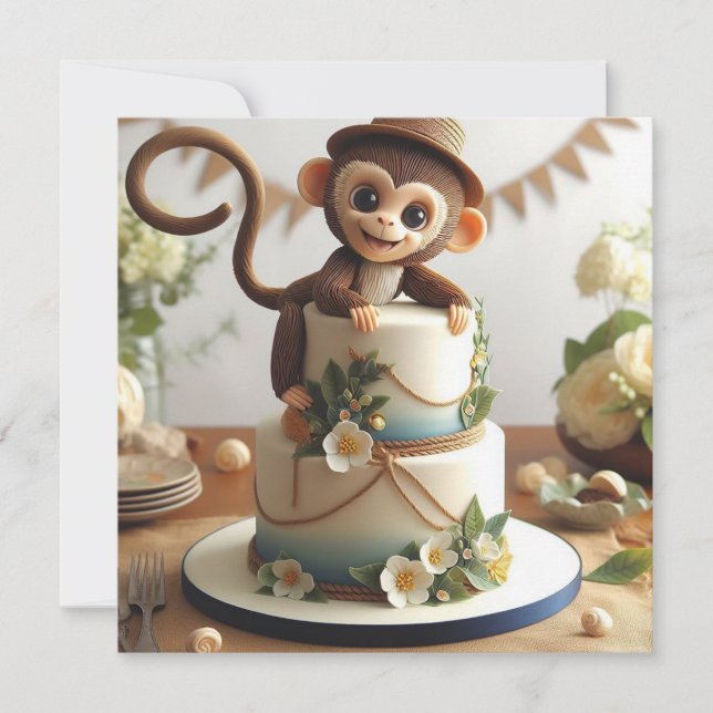 ADORABLE LITTLE MONKEYS THEMED BIRTHDAY CAKE  INVITATION (Front)