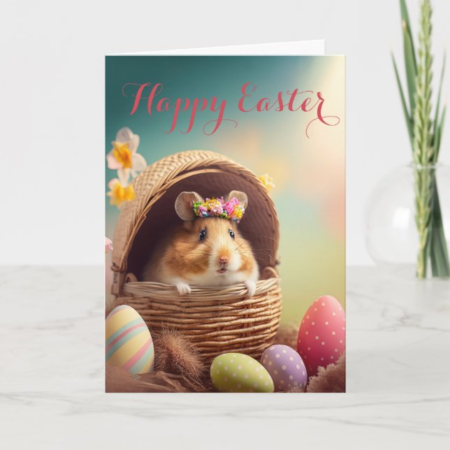 Adorable Little Mouse in an Easter Basket Holiday Card (Front)