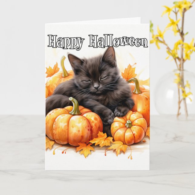 Adorable Little Napping Black Cat | Halloween Card (Yellow Flower)