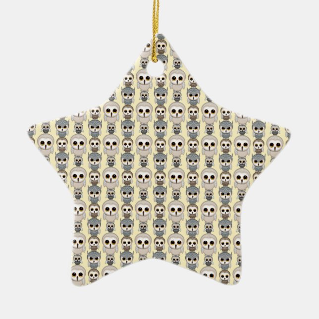 Adorable Little Owls Pattern on Light Yellow Ceramic Ornament (Front)