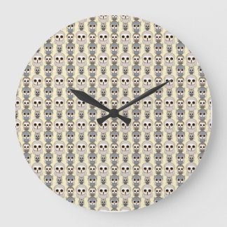 Adorable Little Owls Pattern on Light Yellow Large Clock