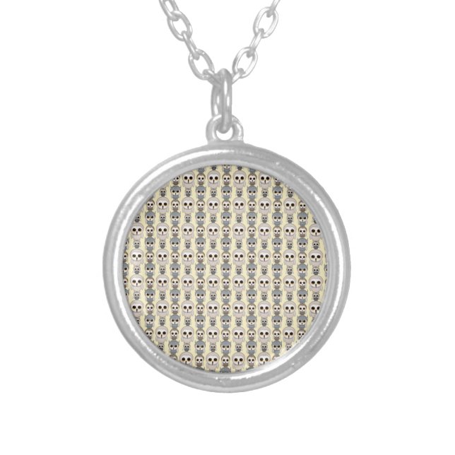 Adorable Little Owls Pattern on Light Yellow Silver Plated Necklace (Front)