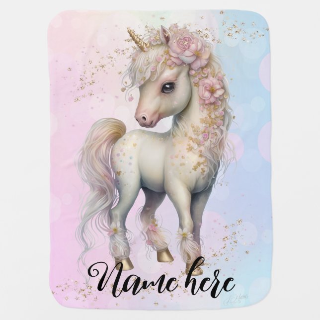 Adorable Little Soft Cream Unicorn with Gold Stars Baby Blanket (Front)