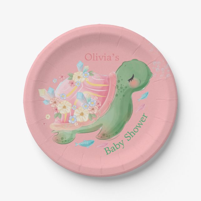 Adorable Little Turtle Pink Baby Shower Paper Plates (Front)