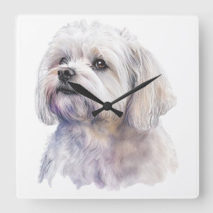 ADORABLE LITTLE WHITE MALTESE PUPPY DOG SQUARE WALL CLOCK