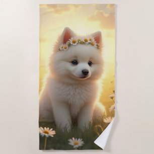 Adorable little, white Spitz puppy Beach Towel