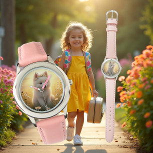 Adorable little, white Spitz puppy, kids Watch