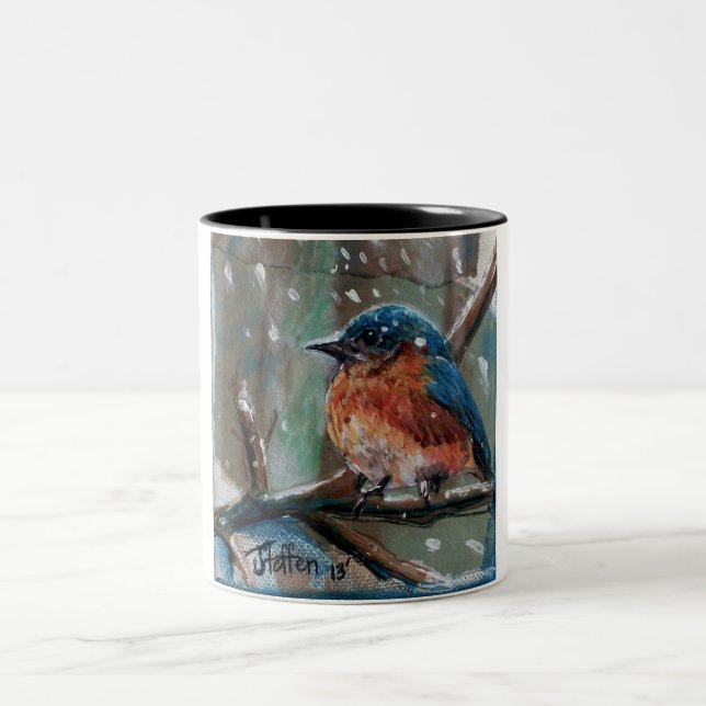 Adorable little winter eastern bluebird Two-Tone coffee mug (Center)
