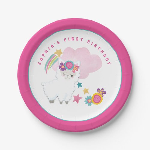 Adorable Llama Name Girl First Birthday Party Pink Paper Plates