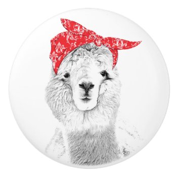 Adorable Llama Wearing A Red Bandana Ceramic Knob by Vanillaextinctions at Zazzle