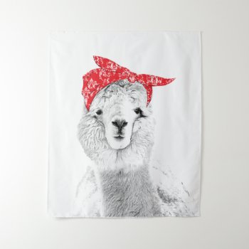 Adorable Llama Wearing A Red Bandana Tapestry by Vanillaextinctions at Zazzle
