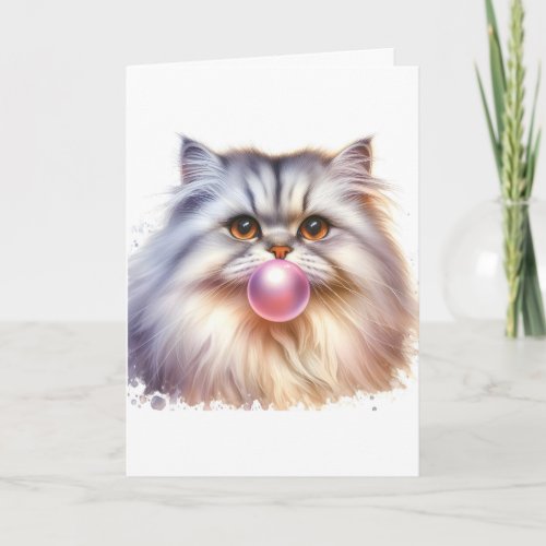 Adorable Long Hair Cat Blowing Bubble Gum Blank Card