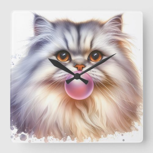 Adorable Long Hair Cat Blowing Bubble Gum Nursery Square Wall Clock