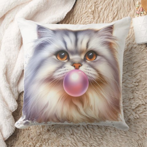 Adorable Long Hair Cat Blowing Bubble Gum Nursery Throw Pillow