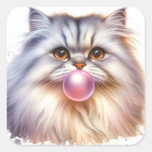 Adorable Long Hair Cat Blowing Bubble Gum  Square Sticker