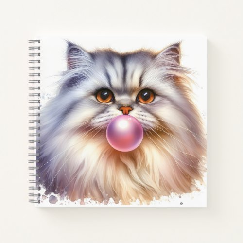 Adorable Long Hair White Cat Blowing Bubble Gum  Notebook