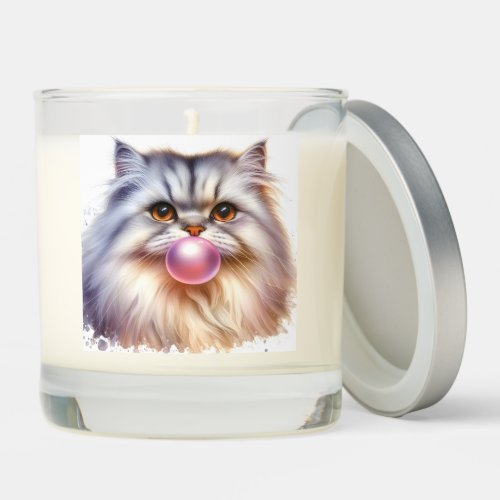 Adorable Long Hair White Cat Blowing Bubble Gum  Scented Candle