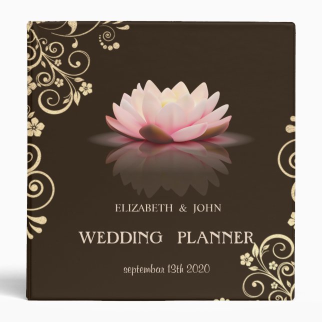 Adorable Lotus Gold Flowers Bridal Planner 3 Ring Binder (Front)
