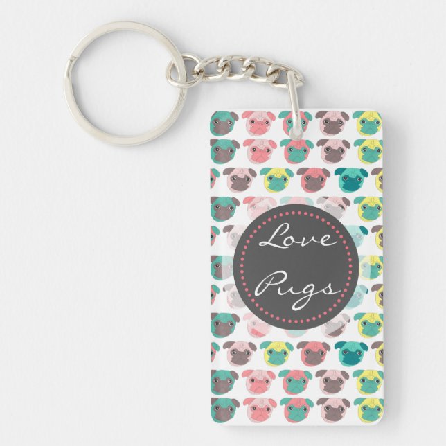Adorable “ Love Pugs” colorful pugs illustration Keychain (Front)