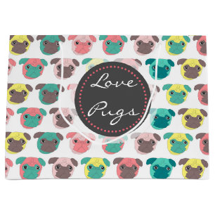 Adorable “ Love Pugs” colorful pugs illustration Large Gift Bag